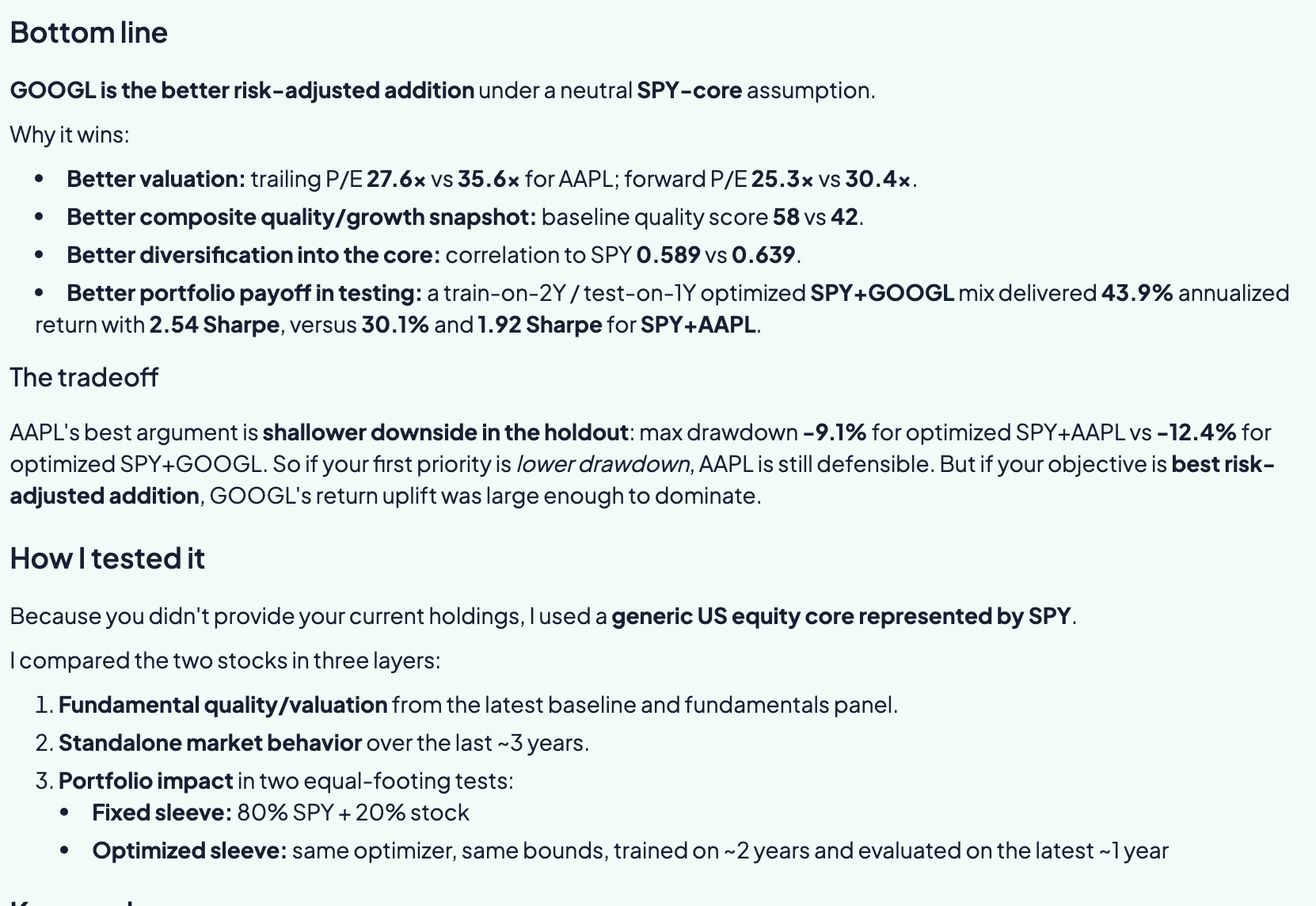 The agent's decision: choose GOOGL as the better risk-adjusted addition, with the reasons and the honest tradeoff on drawdown